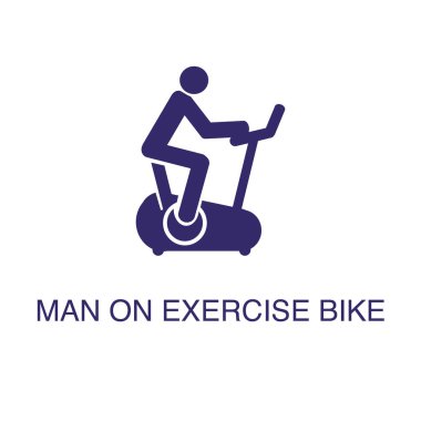 Egzersiz bisikletli bir adam beyaz arka planda düz basit bir şekilde. Metin isimli konsept şablonu olan egzersiz bisikleti simgesindeki adam