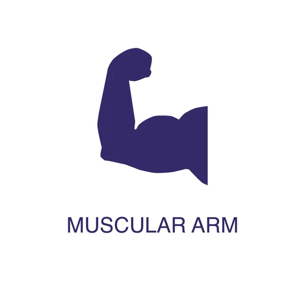 Elemento del braccio muscolare in stile piatto semplice su sfondo bianco. Icona del braccio muscolare, con modello di concetto di nome del testo — Vettoriale Stock