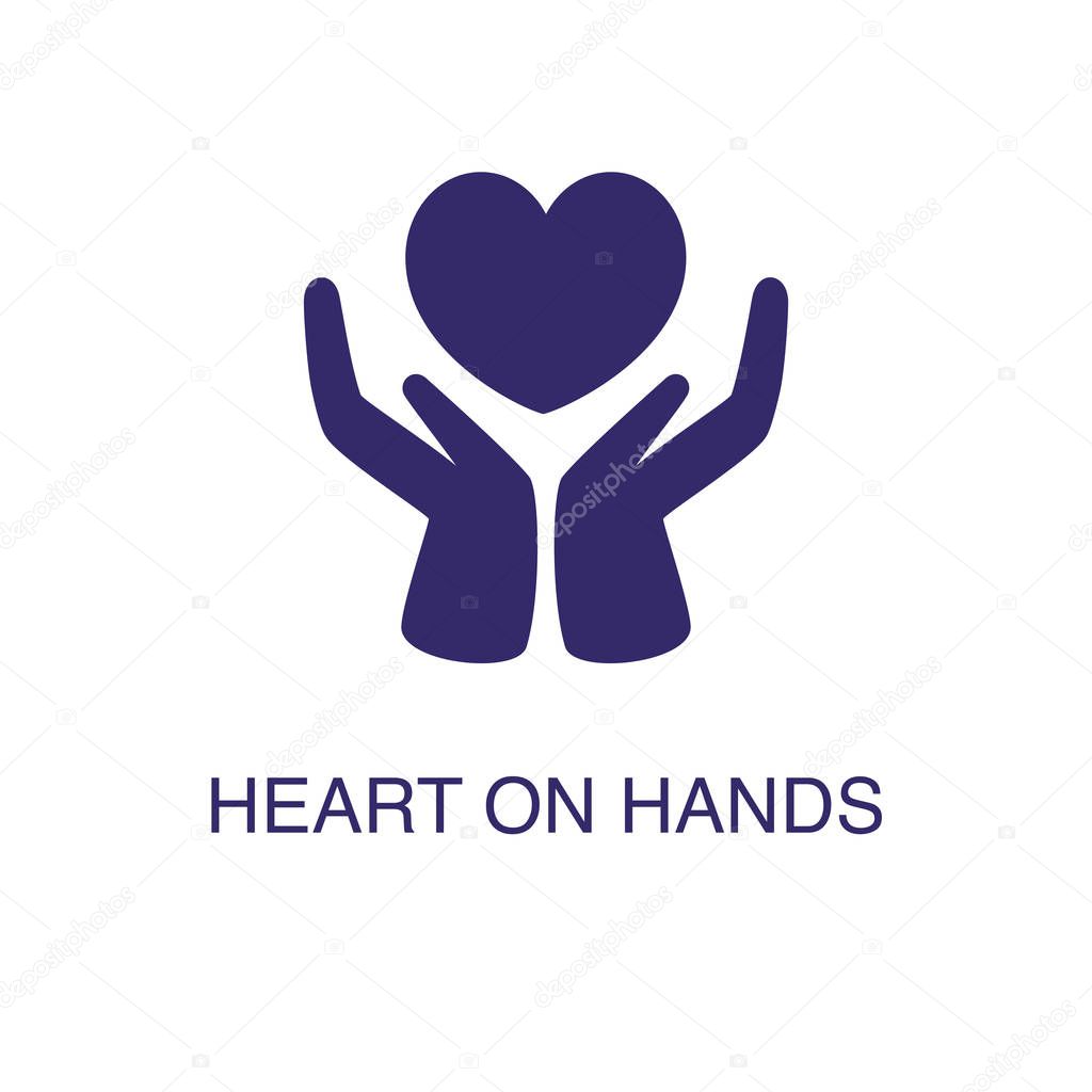 Heart in hand element in flat simple style on white background. Heart in hand icon, with text name concept template