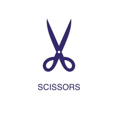 Beyaz arkaplanda düz basit bir şekilde makas ögesi. Metin adı konsept şablonlu makas simgesi