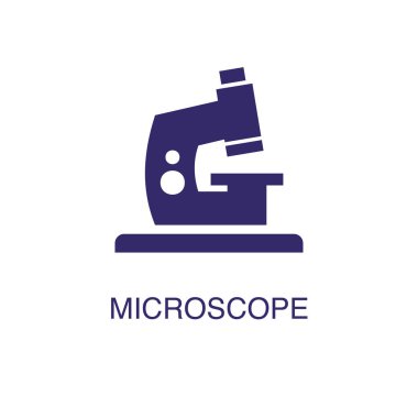 Mikroskop ögesi beyaz arkaplanda düz basit bir şekilde. Metin adı konsept şablonuna sahip mikroskop simgesi