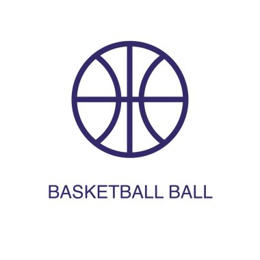 Basketbol elemanı düz basit bir şekilde beyaz zemin üzerinde. Metin isimli konsept şablonlu basketbol topu simgesi