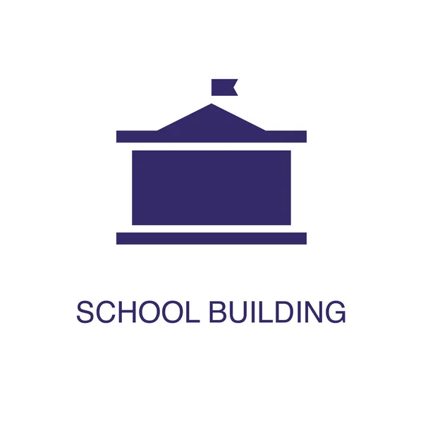 Elemento de construcción de la escuela en estilo plano simple sobre fondo blanco. Icono del edificio de la escuela, con plantilla de concepto de nombre de texto — Vector de stock