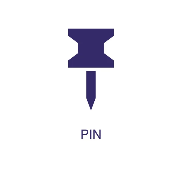 Elemento pin en estilo plano simple sobre fondo blanco. Icono de pin, con plantilla de concepto de nombre de texto — Vector de stock