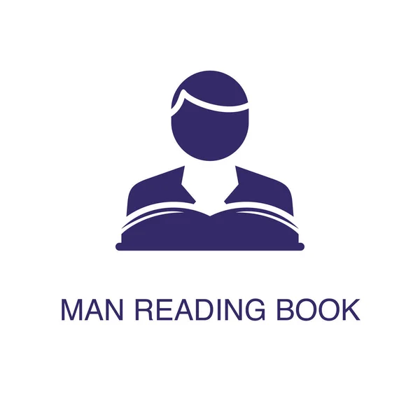 Homem lendo elemento livro em estilo simples plana no fundo branco. Ícone de livro de leitura de homem, com modelo de conceito de nome de texto — Vetor de Stock