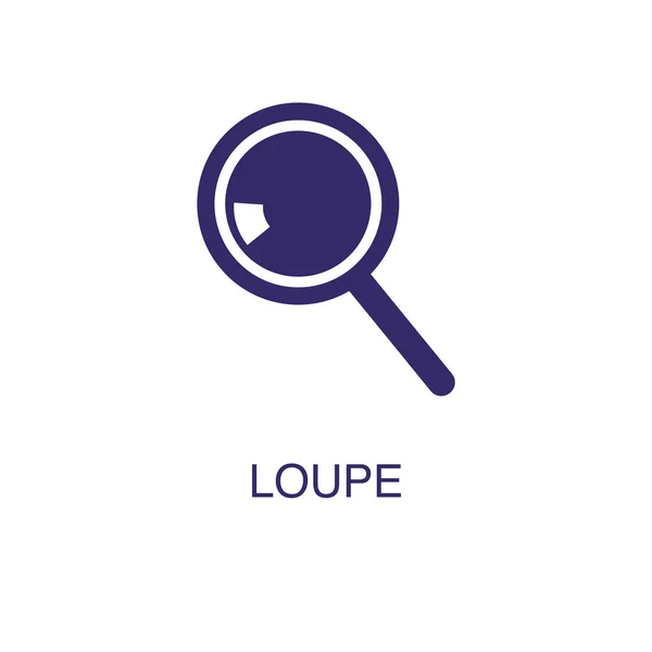 Elemento Loupe en estilo plano simple sobre fondo blanco. Icono de Loupe, con plantilla de concepto de nombre de texto — Vector de stock