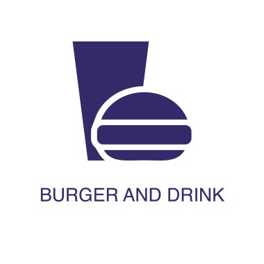 Hamburger ve içecek elementi düz bir şekilde beyaz arka planda. Hamburger ve içecek simgesi, metin adı konsept şablonu