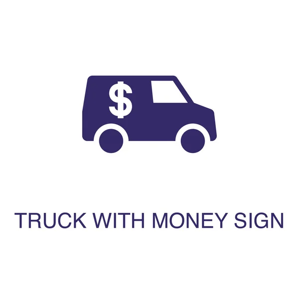 Beyaz zemin üzerinde düz basit bir şekilde para işareti olan kamyon. Metin adı konsept şablonuna sahip para işareti simgesine sahip kamyon — Stok Vektör