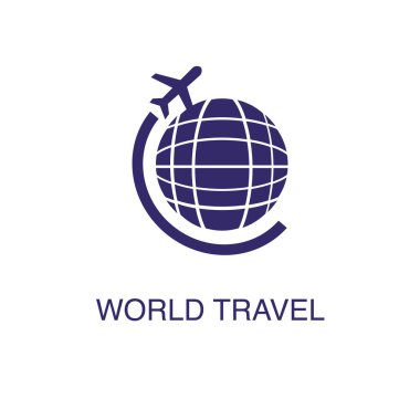 Beyaz arka planda düz basit bir şekilde dünya seyahati öğesi. Metin adı konsept şablonuna sahip dünya seyahat simgesi