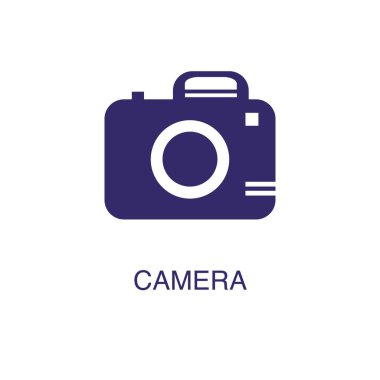 Kamera ögesi beyaz arkaplanda düz basit bir şekilde. Metin adı konsept şablonlu kamera simgesi