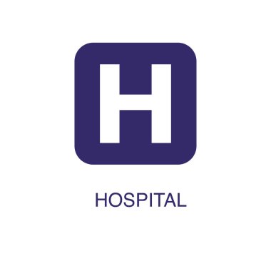 Hastane elemanı düz bir şekilde beyaz arka planda. Metin adı konsept şablonuyla hastane simgesi