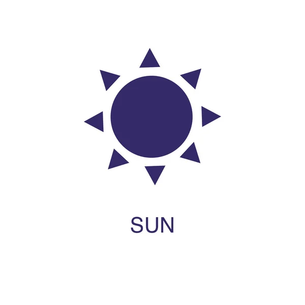 Ηλιακό στοιχείο σε επίπεδο απλό στυλ σε λευκό φόντο. Εικονίδιο Ήλιου, με πρότυπο έννοιας ονόματος κειμένου — Διανυσματικό Αρχείο