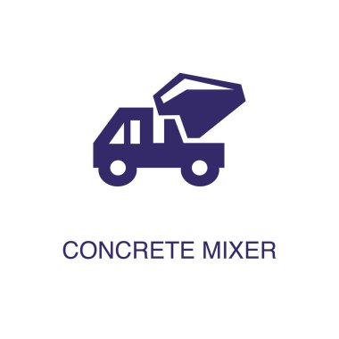 Beton karıştırıcı elementi beyaz arkaplanda düz basit bir şekilde. Metin adı konsept şablonuyla beton karıştırıcı simgesi