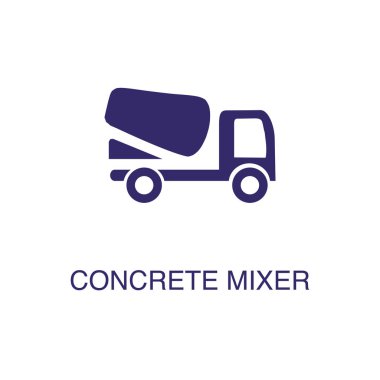 Beton karıştırıcı elementi beyaz arkaplanda düz basit bir şekilde. Metin adı konsept şablonuyla beton karıştırıcı simgesi