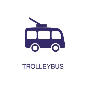 Beyaz arkaplanda düz basit bir şekilde Trolleybus ögesi. Metin adı konsept şablonuyla Trolleybus simgesi