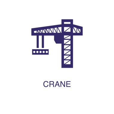 Beyaz arka planda vinç ögesi düz basit bir şekilde. Metin adı konsept şablonlu Crane simgesi