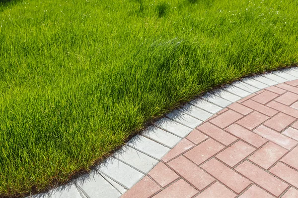 Cegła chodnik i trawa zielona — Zdjęcie stockowe