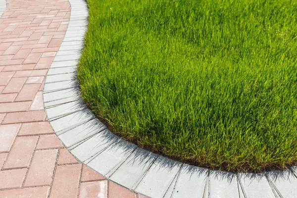 Passarela de tijolo e grama verde — Fotografia de Stock