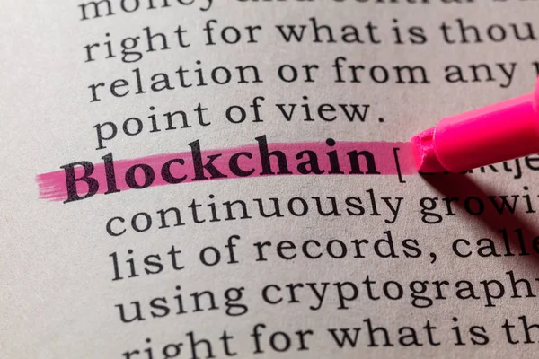 Fake Dictionary, Dictionary definition of the word blockchain. including key descriptive words.