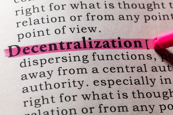 Fake Dictionary Dictionary Definition Word Decentralization Including Key Descriptive Words — Stock Photo, Image