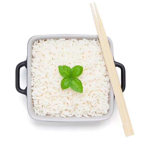 Rice Basil Ceramic Bowl Wooden Chopsticks Isolated White Background Clipping Royalty Free Stock Photos