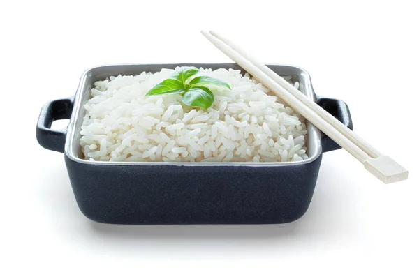 Ready Eat Rice Ceramic Bowl Wooden Chopsticks Isolated White Background Royalty Free Stock Images