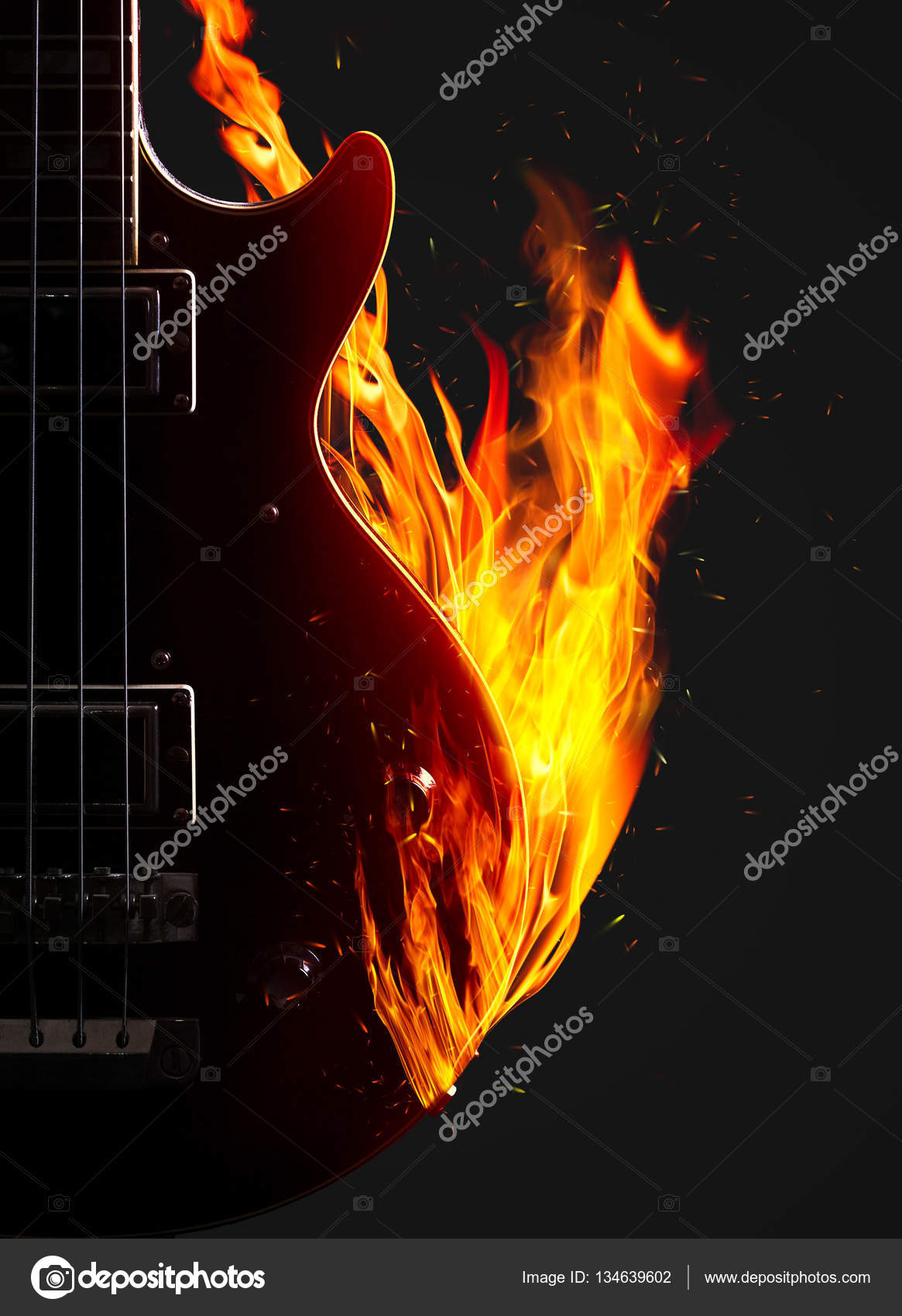 Electric Bass Guitar in the fire on Black Background Waterproof Shower Curtain 