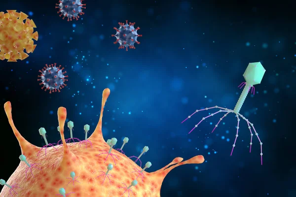 Bacteriophage viruses attacks bacteria, Infectious disease, 3d illustration. Medical concept.