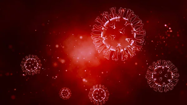 Virus pathogènes sur un fond rouge brillant brillant. Éclosion de maladie virale. 3d rendu . — Photo
