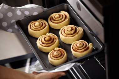 Bir kadın fırına tarçınlı kek koyuyor. Tarçınlı ekmekler fırında pişiyor. Ev yapımı pişirme..