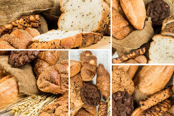 Колаж хлібобулочних виробів крупним планом для фону — стокове фото