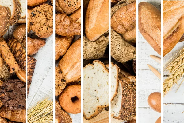 Collage de alimentos de panadería de primer plano para el fondo — Foto de Stock