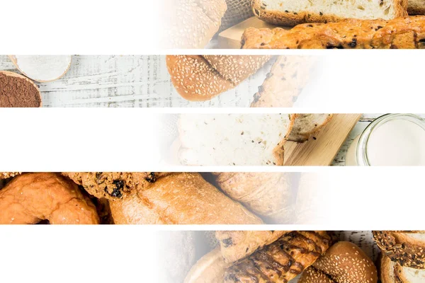 Collage van bakkerij voedsel close-up voor achtergrond — Stockfoto
