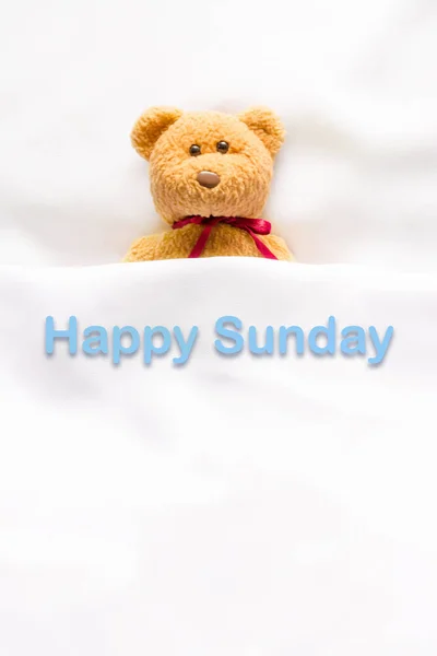 Postel medvídek ležící v bílém s zpráva "Happy Sunday" — Stock fotografie