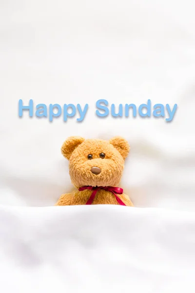 Teddy Bear lying in the white bed with message " Happy Sunday" — Stock Photo, Image