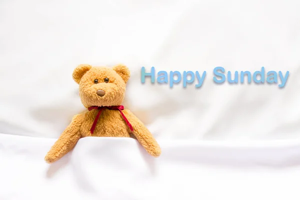 Teddy Bear culcat în patul alb cu mesajul "Happy Sunday " — Fotografie, imagine de stoc