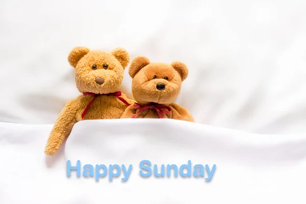 Teddy Bear culcat în patul alb cu mesajul "Happy Sunday " — Fotografie, imagine de stoc