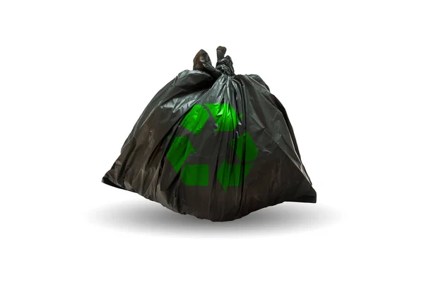 Garbage bags with recycle symbol on white background — Stock Photo, Image