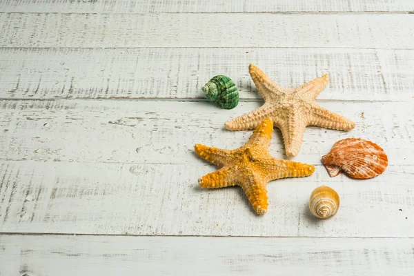 Estrella de peces y conchas marinas en el fondo de madera — Foto de Stock