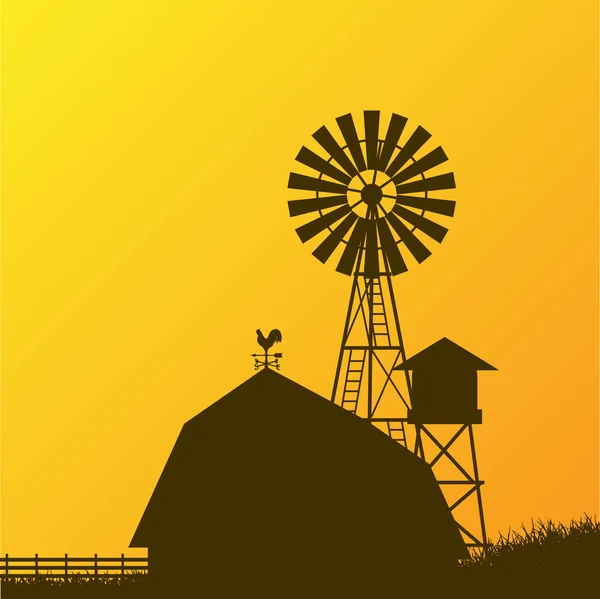 Granja molino de viento, granero, cerca, casa, campo — Vector de stock