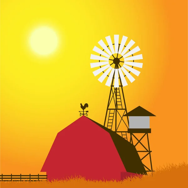 Granja molino de viento, granero, cerca, casa, campo — Vector de stock