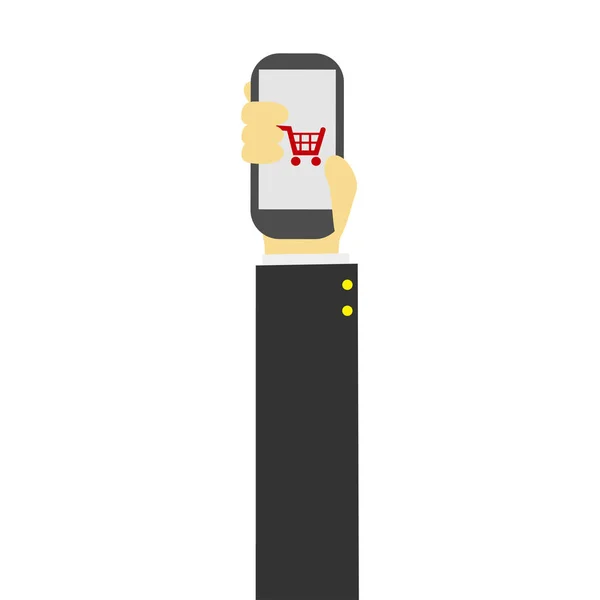Telefon a kezében a bevásárló kosár szimbólum — Stock Vector