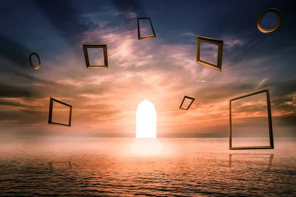 Puerta de la vida, Puerta iluminada Símbolo de la buena acción, Concepto imaginativo. Utilice arcos islámicos con vista al mar —  Fotos de Stock
