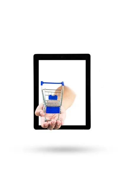 Shopping cart in hand with Tablet on white background — Stock Photo, Image