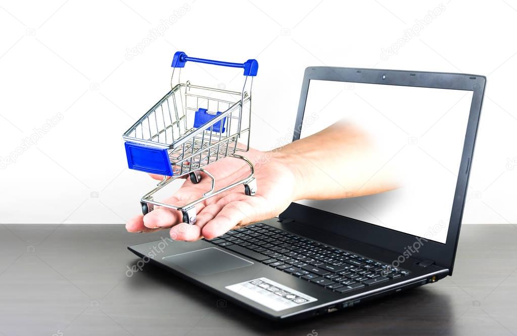 shopping cart in hand with Computer notebook blank screen on woo