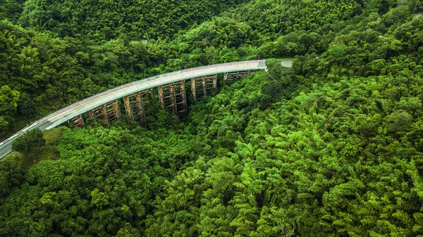 Widok z lotu ptaka Road lub mostu, jest w środku lasu — Zdjęcie stockowe