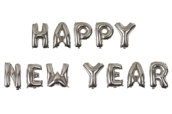 Feliz año nuevo alfabeto Inglés de) globos en un bac blanco — Foto de Stock