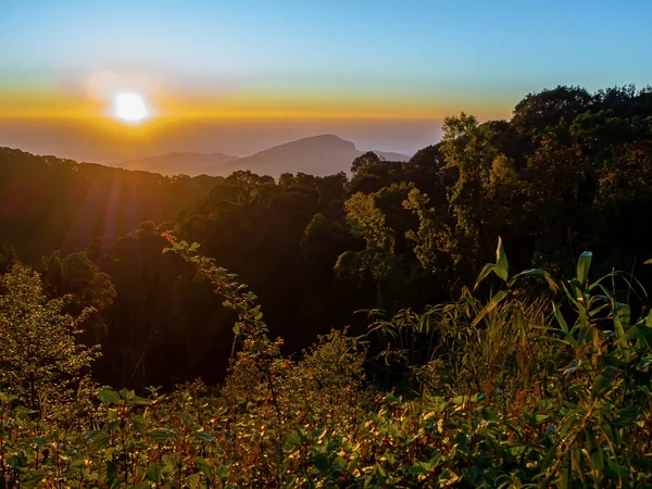 Paisaje de Montaña con bosque y puesta de sol en Crepúsculo tiempo — Foto de Stock