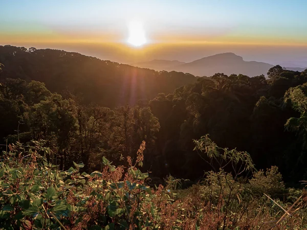 Paisaje de Montaña con bosque y puesta de sol en Crepúsculo tiempo — Foto de Stock