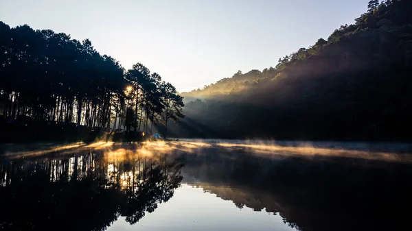 Het landschap van het stuwmeer en de ochtendmist — Stockfoto
